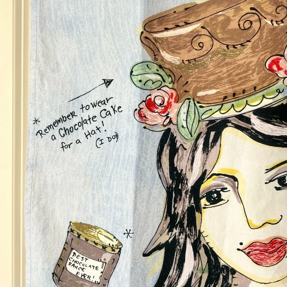 VTG Julia Junkin La Dolce Vita Textile Art Tea Towel Chocolate Lover Cake Hat